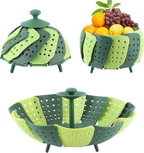 Cesta Vaporera Plegable, 2 Piezas Cesta de Vapor Vegetal,Cesta Vapor Anti-Caliente Cesta Vapor Antideslizantes,Almacenamiento Compacto - Verde