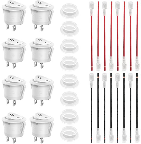 8Pcs Interrupteur à Bascule ON Off KCD1 Mini Interrupteur à Bascule Rond SPST 2Pin avec Fils et Capuchon étanche, 10A 125V AC;6A 250V AC;20A 12V DC(Blanc)