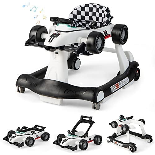 DREAMADE Lauflernhilfe, 4 in 1 Autoförmiger Lauflernwagen mit einstellbarer Geschwindigkeit, Musik & Licht, Babywalker Höhenverstellbar & Klappbar, Gehfrei Baby ab 6 Monate (Weiß)
