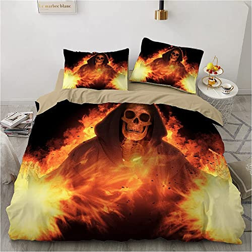 TAKOLI Bettwäsche 135 x 200 Totenkopf, Weiche Microfaser Schädel Flamme Bettwäsche Set 2 teilig - Halloween Horror Bettbezug & 1 Kissenbezüg 80x80, mit Reißverschluss