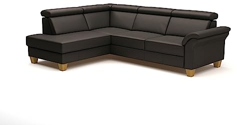 CAVADORE Leder-Schlafcouch Ammerland mit Ottomane / Landhaus-Sofa mit Federkern, Bett, Bettkasten + Kopfteilverstellung / 245 x 84 x 194 / Leder Dunkelbraun