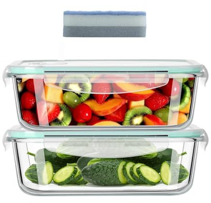 ERUIV Aufbewahrungsbox Küche, Frischhaltedosen, Vorratsdosen Glas mit Deckel Set, Spülmaschinen, Mikrowellen & Gefrierschrankfreundlich - Auslaufsicher, BPA-frei, 2er 640 ML und 1 Reinigungsschwamm