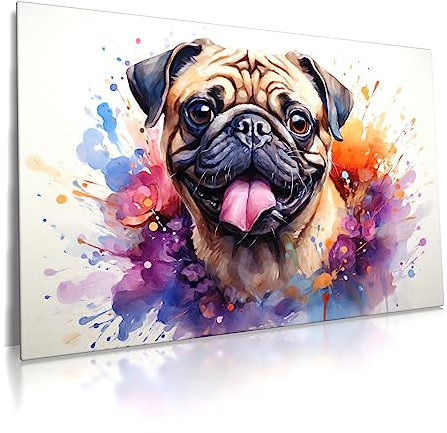 Mops - Leinwand Bild - Wasserfarben Aquarell Hund Wandbild XXL Kunst Wand Druck Bilder Modern Art Wohnzimmer (100 x 70 cm, Leinwand, Mops)