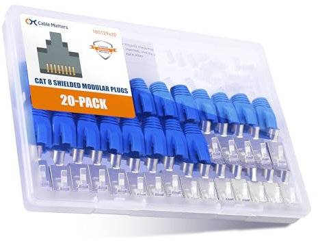 Cable Matters Paquete de 20, 23-24AWG conectores apantallados RJ45 Cat8 Cat7 Cat6 con fundas de alivio de tensión para cables Ethernet sólidos o trenzados (Conector Cat8/Conector RJ45 Cat8)