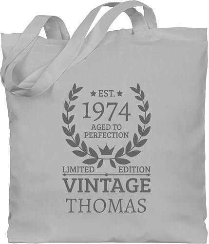 Baumwolltasche - 50. Geburtstag - Est.1975 Aged to perfection - Limited edition - Vintage mit Name - Unisize - Hellgrau - tasche 1975 geschenke zum 50 fünfziger 1973 stoffbeutel jutetasche jutesack