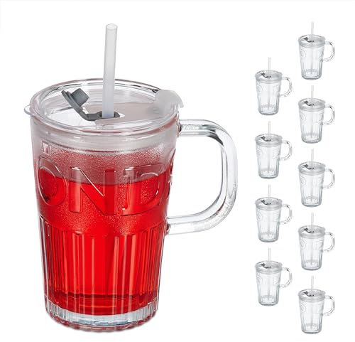 Relaxdays Jarre avec Paille, Couvercle et Anse, lot Pratique de 10, Volume : 450 ML, pour Votre Smoothie, Transparente