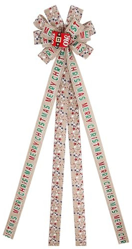 Tainrunse Weihnachtsbaumspitze mit Schleife, grüner Buchstabendruck, doppellagig, große Dekoration, Schleifenimitat, Hanfimitat, für Zuhause, Beige
