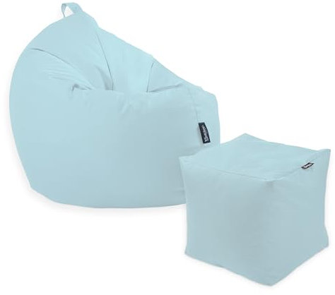 BuBiBag Premium 2-in-1 Sitzsack mit Füllung | für Kinder & Erwachsene | Outdoor & Indoor | Sitzkissen | Bodenkissen | Wasser- & schmutzabweisend + Sitzpouf 35x35x35cm (Hellblau, 125 cm + Sitzspouf)