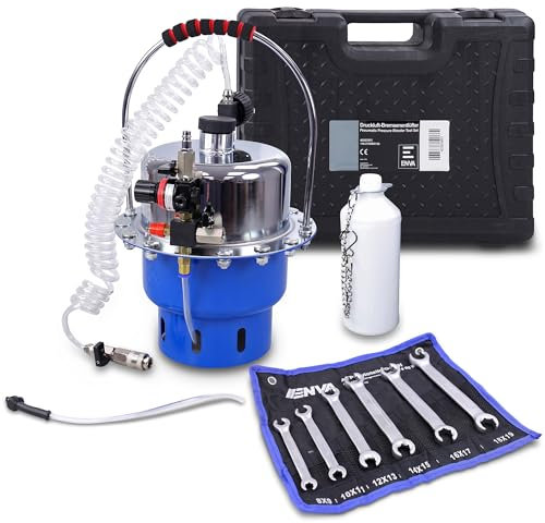 ENVA Druckluft Bremsenentlüfter 17TLG. + Bremsschlüssel Bremsentlüftungsgerät 5 Liter inklusive offenen Doppel Ringschlüssel Satz Bremsen Entlüftungsgerät und Bremsleitungsschlüssel Set