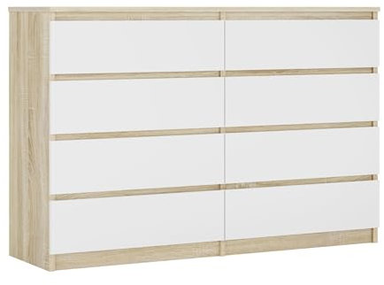3E 3xE living.com Kommode mit 8 Schubladen, Farbe: Sonoma Eiche/Weiss, A: 140 x 101 x 39 cm