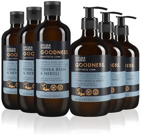 Baylis & Harding Goodness Tonka Bean & Neroli Bundle: 3 x 500 ml Hand Wash & 3 x 500 ml Body Wash (6 Bottles) - Vegan Friendly