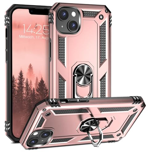 LBH Outdoor Hülle für Apple iPhone 15 Armor Militär Stoßfest Handyhülle 360 Grad Metal Ring Halter Ständer Schutzhülle für Handyhalterung Auto Magnet Rosegold