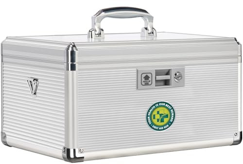 ZORVIDSON Medicine Lock Box with Key,Portable Medication Lock Box with Removeable Tray, Medicine Storage Box for Home (Silver, Large)