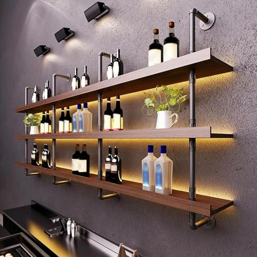 Massivholz Wandmontierte Weinregal mit LED-Licht, 3-stufiges Gehängt Barständer Schwebende Regale, Moderne Metallflaschenhalter Weinpareite Display Rack für Bars/Restaurants/Küchen (140*22*120cm)