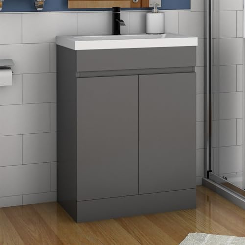 Acezanble 500mm Bathroom Vanity Unit With Wash Basin Ceramic Sink, 2 Double Door, High Gloss Grey, Floorstanding Cabinets, Cloakroom Storage Furniture Under Basin Cabinet