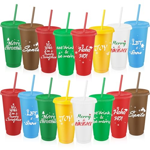 16 Pack Plastic Cups with Lids and Straw Bulk, 24 oz Christmas Reusable Cups Water Bottle Christmas Drinking Cups for Juice Coffee Cold Drinks Christmas Party Supplies (8 Styles)