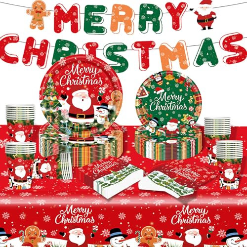 Raveparty 82 Pcs Christmas Paper Plates, Christmas Party Tableware with Paper Plates Napkins Cups Table Cloths Pull Flags for Party Decorations (B)