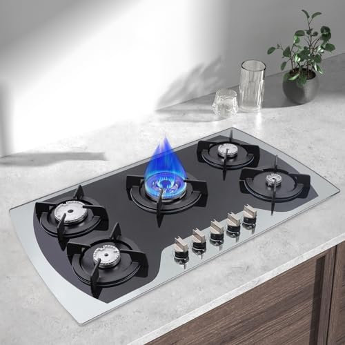ERnonde Cocina de gas de cristal de 90 cm, cocina de gas de 5 zonas, doble fuel NG/LPG, placa superior, superficie de vitrocerámica, negro, plata
