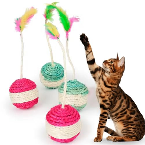 DistriPet Juguetes para Gatos, Juguete Interactivo con Plumas. 4 Piezas de 6,5cm de diámetro de Bolas de Sisal. Juego Divertido de Rascado y Movimiento, Fomenta el Ejercicio. Ideal para Interiores.