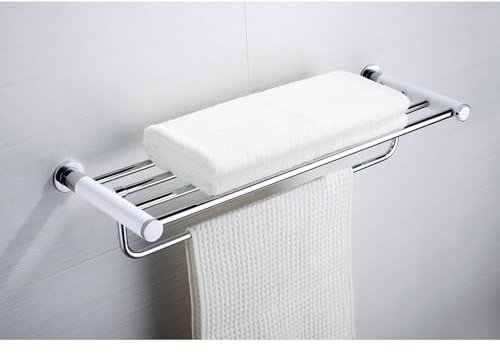 Qobobo Portasciugamani con asta portasciugamani da bagno con ripiano, montaggio a parete, porta asciugamani per ospiti, doppio portasciugamani per bagno e cucina, lunghezza 62 cm, cromato