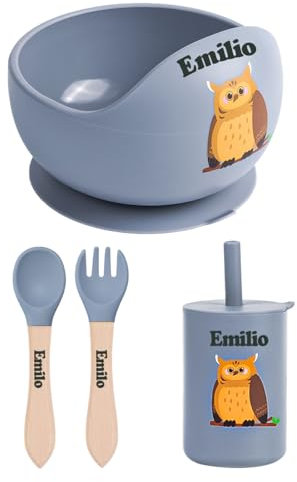 TYRY.HU Personalizada Cubiertos Bebe,Vajilla Bebe Silicona,Juego de Platos Bebe con Ventosa,Cubiertos Infantiles,Incluye Tenedor,Cuchara y Bol,Tazas Baby Led Weaning