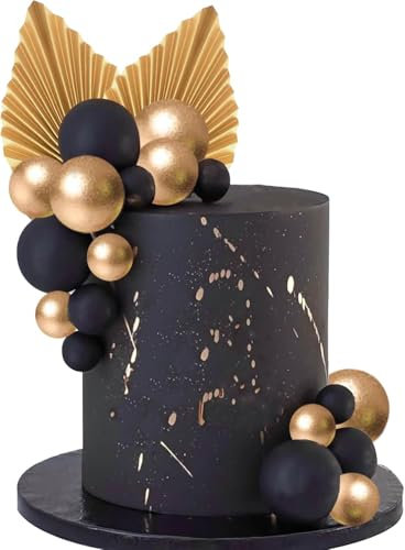 Boule Decoration Gateau Anniversaire 22 Pièces Deco Gateau Anniversaire Décoration Gâteau Feuille de Palmier Or Topper Gateau Noir Doré Fêtes d'anniversaire, Mariages, Baby Showers