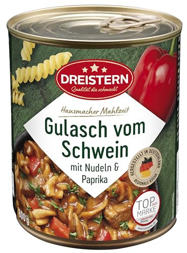 DREISTERN Schweinegulasch 800g I Mit Nudeln & Paprika I Herzhaftes Fertiggericht in recyclebarer Konservendose I Lange Haltbarkeit dank natürlicher Konservierung I Hausmacher Qualität