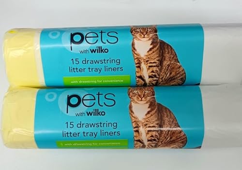 Cat Litter Tray Liners, Fits Tray Large 40x30cm Pack of 2 rolls of 15 each Scratch Resistant Bin Box Liners Heavy Duty, Leak-Proof Tear Resistant Bags White & Lemon (Pack of 2 of 15 Liners)