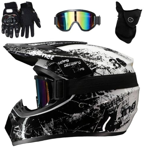 Motocross-Helm, Youth Kid DOT Integralhelm für Offroad-Sportmotorräder, Unisex-Downhill-MTB-ATV-Dirtbike-Helm, mit Schutzbrille, Maske und Handschuhen