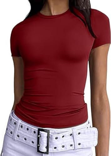 OOHOKAY Women's Basic Short Sleeve T-Shirt Round Neck Slim Fit Solid Color Tee Tops Summer Y2K Crop Top Casual Wear(Wine red-B,XS)
