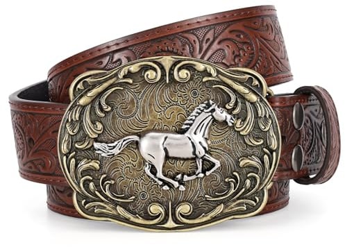 SANSTHS Cowboy Gürtel Westerngürtel für Damen Herren Bullenkopf Schnalle | Geprägt Longhorn Pferd Western Schnalle, Leder Gürtel für Jeans, Cowboy Outfits, Karneval Outfit, Party