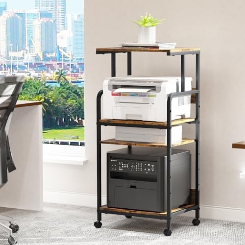 4-Tier Printer Stand, Large Printer Table on Wheels, Movable Printer Stand | Printer Cart with Storage for Fax Scanner Files Media Player, Multifunctional Trolley for Office Home Kitchen, Brown