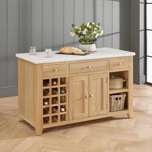 The Furniture Market Cheshire Whitewash Oak | Large Kitchen Island with White Carrara Marble Top | Full Length Drawers | 2 Door Large Cupboard | Fully Assembled | H 855 x W 1400 x D 680mm