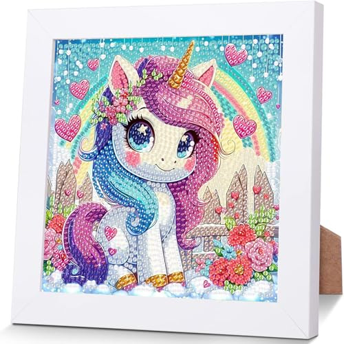 luckyarina Einhorn Diamond Painting Kinder Mit Rahmen - Diamont Art Bilder Einhorn, Tiere Diamond Painting Kinder ab 4 6 8 10 Jahreals Geschenk für Home Wand Décor (18X18 CM)
