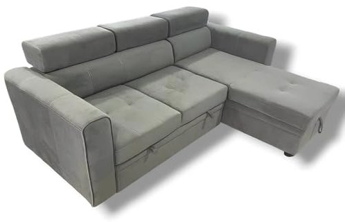 IE INTERIOR EMPORIUM Luca Corner Sofa Bed with Storage, Velvet Upholstery, Double Sleeper, Modern Design (Grey)