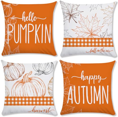 AMLOOPH Halloween Pumpkin Orange Autumn Cushion Covers 40x40cm Sofa Bedding | 4 Set Soft Plush Autumn Bedding Pillow Covers, Leaf & Pumpkin Fall Thanksgiving Harvest Throw Cushion Covers for Sofa & Bed