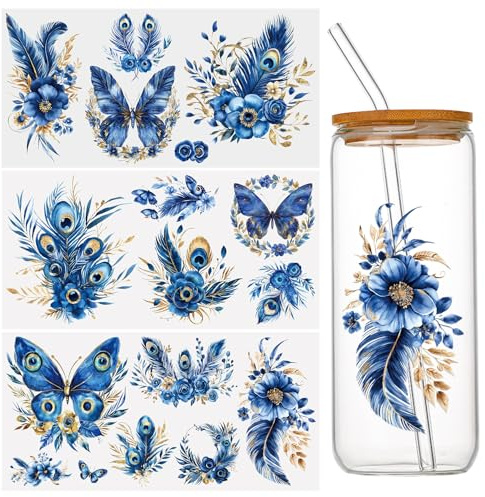 WANDIC 3 Bögen Pfauenfedern, Scrapbook-Aufkleber, Schmetterling, Blumen, Möbelaufkleber, blau, gold, Blumen- und Vogel-Fensteraufkleber, UV-Reiben, zum Basteln, 15 x 30 cm