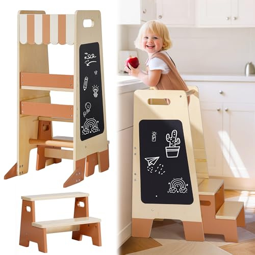 ROBOTIME Wooden Learning Tower with Chalkboard, Toddler Step Stool Aged 2+