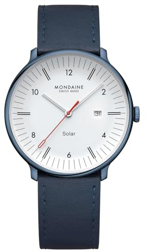 Mondaine Solar Watch for Men & Women, 41mm Blue Stainless Steel Case, Vegan Apple Skin Strap, Swiss Design, Water Resistant 5 ATM, Rechargeable Battery, Solar Movement, 8-Month Power Reserve