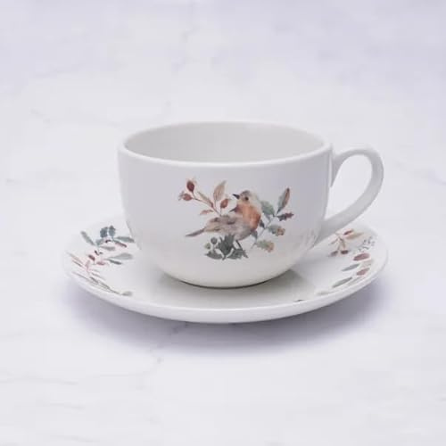 New Traditional Robin Design Porcelain Cup & Saucer – 300ml Festive Christmas Tableware, Dishwasher & Microwave Safe, Holiday Coffee & Tea Dining Décor – M46