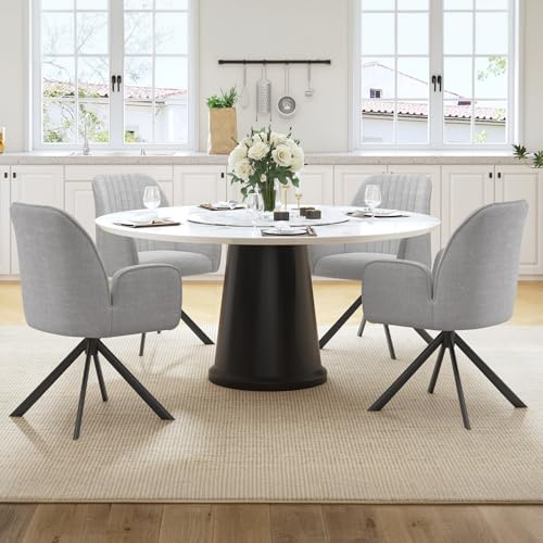 Ckaff 4er Set Esszimmerstühle Drehbar mit Armlehne, 360°Drehbar Polsterstuhl Küchenstuhl aus Chenille, Stühle Esszimmer Schminkstuhl Drehstuhl mit Metallbeine für Esszimmer Schlafzimmer, Hellgrau