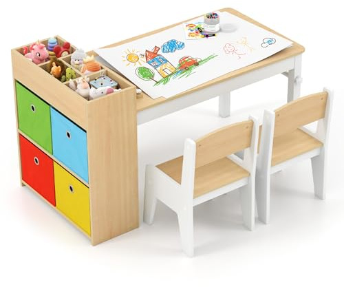 Maxmass Kids Art Table and Chairs, Wooden Children Study Desk with Paper Roll, 4 Fabric Bins, Storage Shelves, Children Activity Table Craft Desk Set for Drawing Writing Learning (Wooden)
