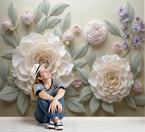 ZISTRCBAO Papier Peint Panoramique Relief De Rose Blanche, Papier Peint Fleur Vintage Luxueuse, Fresque Murale Soie Décoration Murale Pour Salon Chambre Bureau 250x175cm (Non Adhésif)