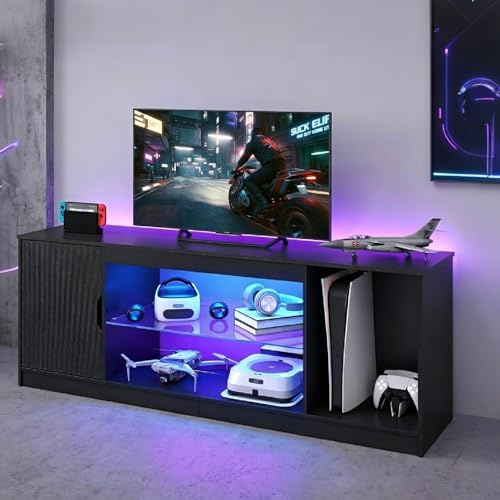 Levede 145CM LED TV Stand for 55-65 Inch TVs, Gaming Entertainment Center with Remote Control LED Lights, Magnetic Cabinet Door & Adjustable Glass Shelves, Modern TV Cabinet for Living Room Bedroom