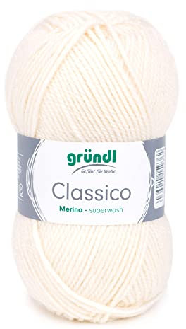 Gründl Wolle Classico - Dicke Wolle zum Stricken und Häkeln - Strickgarn - Weich und hautfreundlich - 50% Merinowolle, 50% Polyacryl - 1 Knäuel 50 g / 120 m - Nadelstärke 3,5-4,5 - creme
