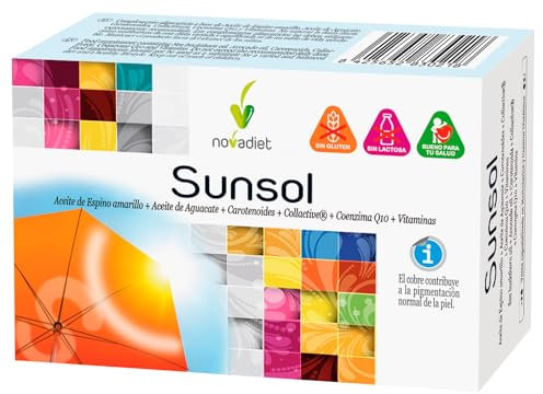 Novadiet - SUNSOL Cápsulas con HMB, Aceite de Coco, L-Triptófano, Carnitina, Café Verde y Colina - Para Potenciar y Mantener el Bronceado - Protección Solar para una Piel Radiante - 30 Cápsulas