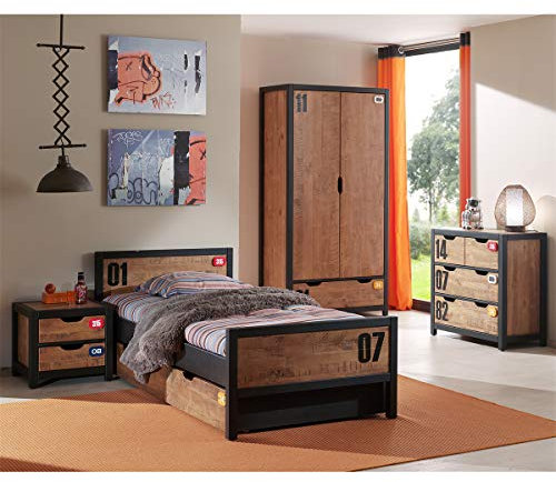 Bett 90 x 200 cm, inkl. Bettkasten – Nachttisch 2 Schubladen – Schrank 2 Türen und Kommode 4 Schubladen Alex – Schwarz und Holz