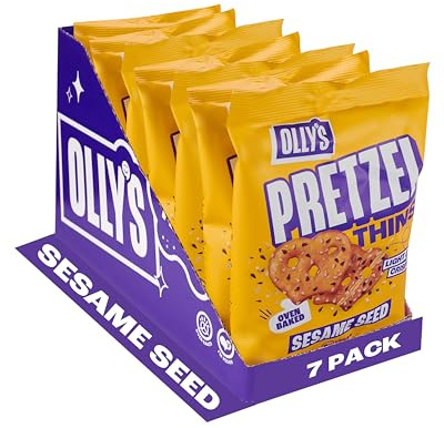 Olly's Pretzel Thins, Sesame Seed, 140g (Pack of 7), Bigger Sharing Bag, Healthy Plant-Based Vegan Snacks for Dipping, Low Calorie Snacks, Low Fat, Source of Fibre, No Preservatives