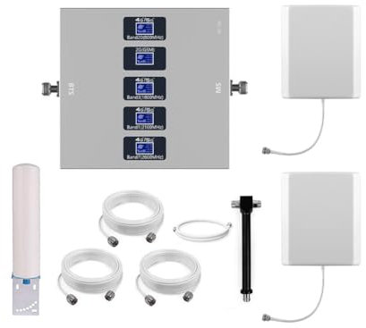 KKBSTR Amplificatore 4G 5G Ripetitore Segnale Cellulare, 5 Bande 800/900/1800/2100/2600MHz, Due Antenne Interni