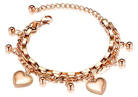 OSTAN Bracciale da donna in oro rosa con ciondolo a forma di cuore, 17 5 cm, Acciaio inossidabile